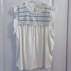 J.Crew Blue and White Ruffle Sleeve Women's Top